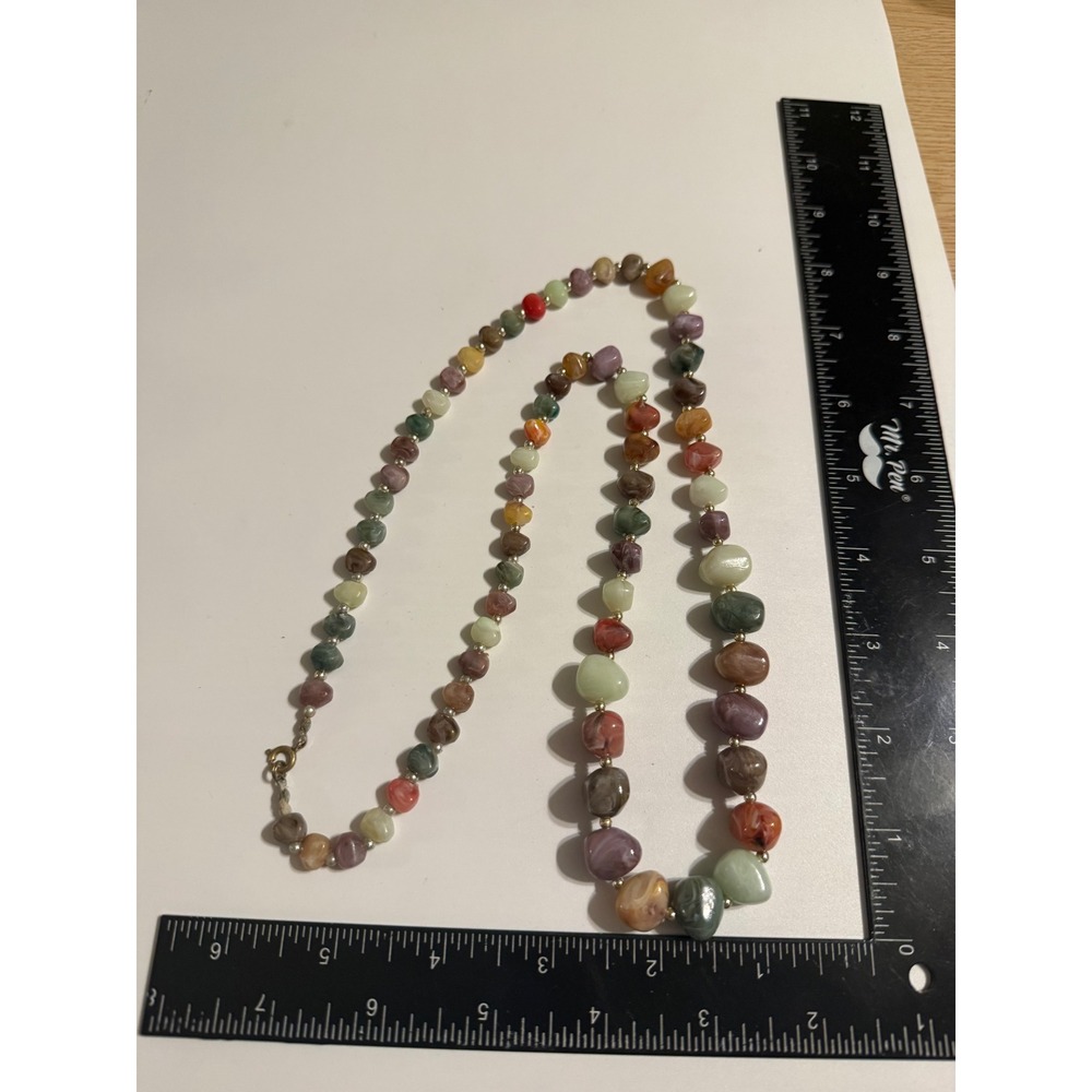 Vintage Multi Color‎ Tumbled Stone Bead Necklace Gold Tone Spring Ring Clasp 24"